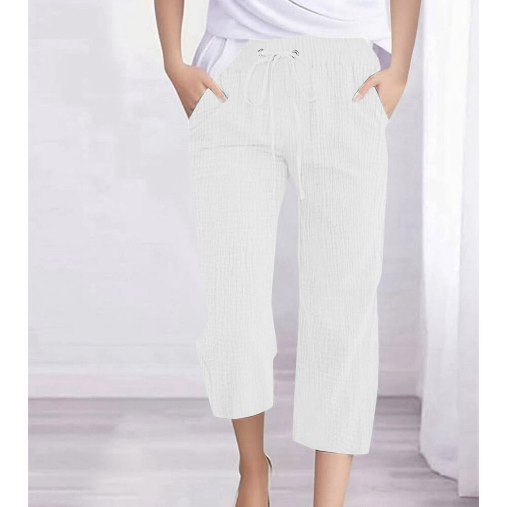 Per Se Women's White Linen Blend Cropped Wide Leg Pants Size XL